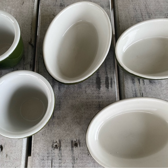 Hall Ceramic 6 Pc (3) 2081 Olive Green Boston Baker Dish (3) 352 Ramekin Cups - Picture 15 of 16